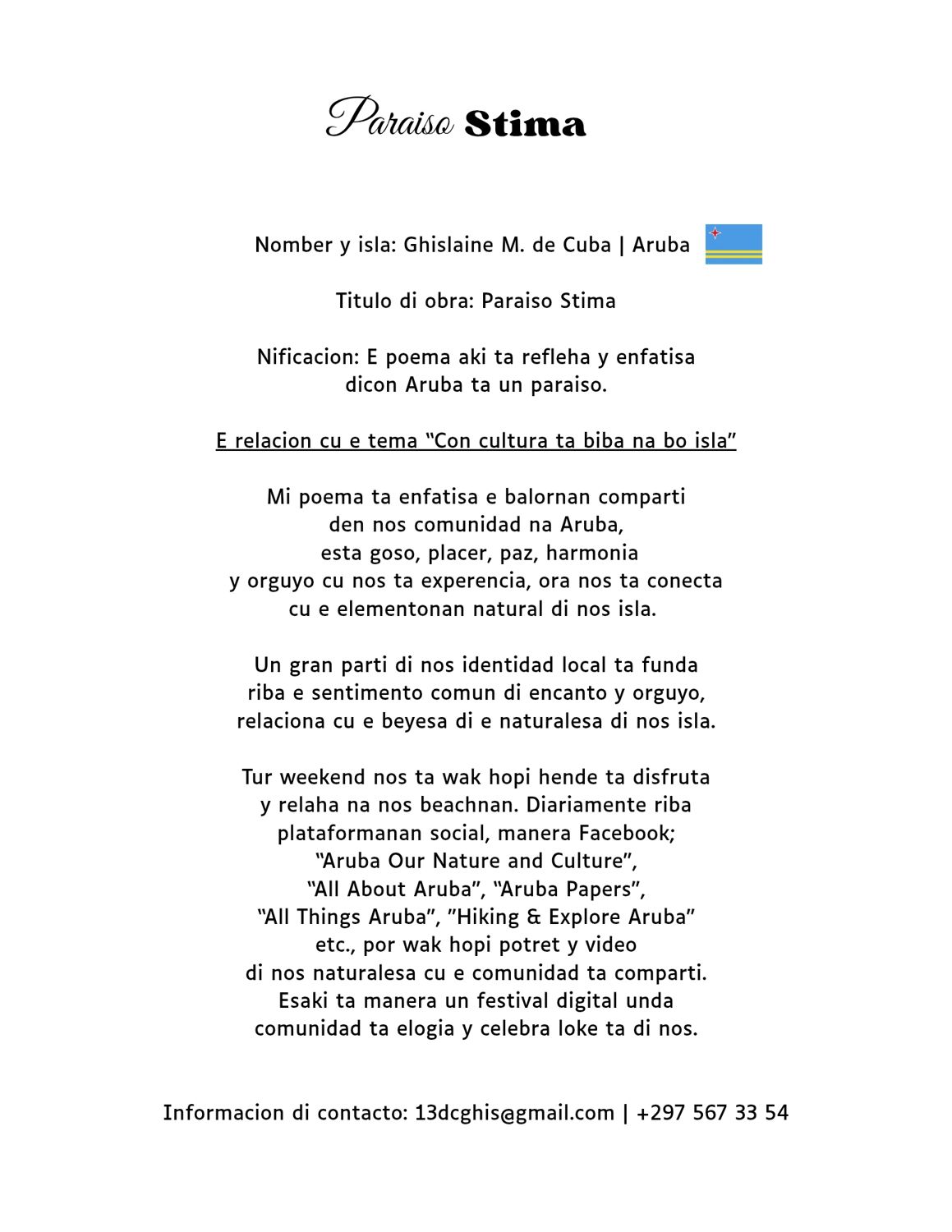 Paraiso Stima, a poem by Ghislaine de Cuba